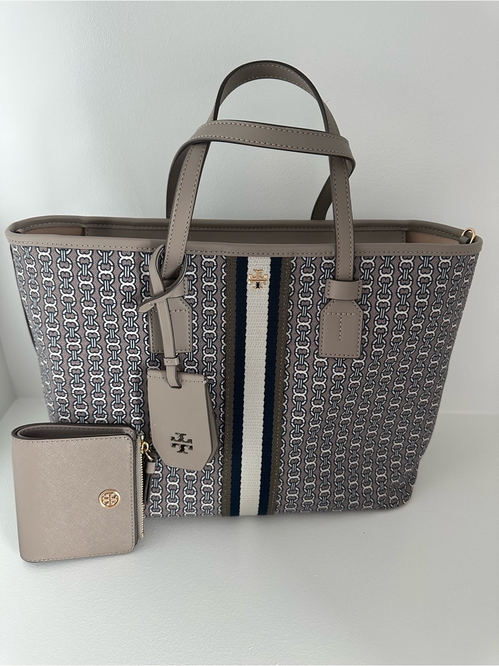 Tory Burch Taupe Monogram Stripe Tote with Navy & Cream Center Stripe